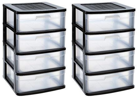 Forte Plastics 2x stuks ladeblok/bureau organizer met 4x lades zwart/transparant - L40 x B39 x H65 cm - Opruimen/opbergen laatjes