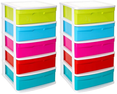 Forte Plastics 2x stuks ladeblok/bureau organizer met 5x lades multi-color/wit - L40 x B39 x H81 cm - Opruimen/opbergen laatjes