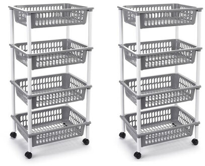 Forte Plastics 2x stuks lichtgrijze opberg trolley/roltafel met 4 manden 40 x 50 x 85 cm - Etagewagentje/karretje met opbergkratten