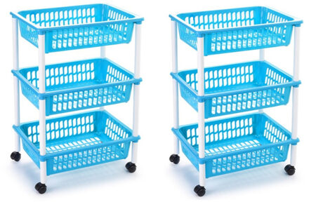 Forte Plastics 2x stuks opberg trolley/roltafel/organizer met 3 manden 40 x 30 x 61,5 cm wit/lichtblauw