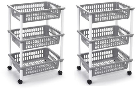 Forte Plastics 2x stuks opberg trolley/roltafel/organizer met 3 manden 40 x 30 x 61,5 cm wit/lichtgrijs - Etagewagentje/karretje