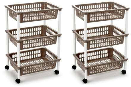 Forte Plastics 2x stuks opberg trolley/roltafel/organizer met 3 manden 40 x 30 x 61,5 cm wit/taupe - Etagewagentje/karretje met opbergkratten