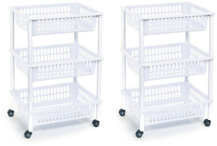 Forte Plastics 2x stuks opberg trolley/roltafel/organizer met 3 manden 40 x 30 x 61,5 cm wit/wit - Etagewagentje/karretje met opbergkratten