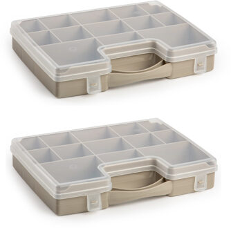 Forte Plastics 2x stuks opbergkoffertje/opbergdoos/sorteerboxen 13-vaks kunststof taupe 27 x 20 x 3 cm - Opbergbox