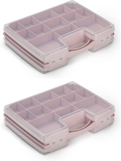 Forte Plastics 2x stuks opbergkoffertje/opbergdoos/sorteerboxen 21-vaks kunststof oud roze 28 x 21 x 6 cm - Opbergbox