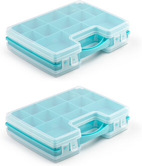 Forte Plastics 2x stuks opbergkoffertje/opbergdoos/sorteerboxen 22-vaks kunststof blauw 28 x 21 x 6 cm - Opbergbox