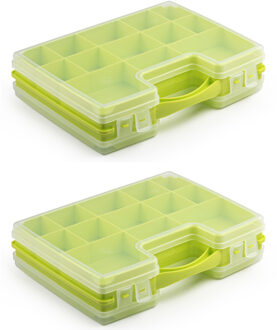 Forte Plastics 2x stuks opbergkoffertje/opbergdoos/sorteerboxen 22-vaks kunststof groen 28 x 21 x 6 cm - Opbergbox