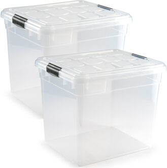 Forte Plastics 2x stuks Opslagbakken/organizers met deksel 35 liter 42 x 36 x 35 cm transparant - Opbergbakken