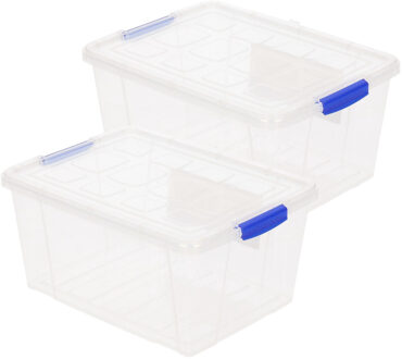 Forte Plastics 2x stuks opslagboxen/bakken/organizers met deksel 16 liter 40 x 30 x 21 cm transparant plastic - Opbergbox