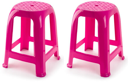 Forte Plastics 2x stuks opstap krukje/keukenkrukje/verhoger opstapjes fuchsia roze 37 x 37 x 46,5 cm - Keuken/badkamer/kasten opstapjes of krukjes/zitjes