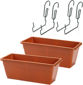 Forte Plastics 2x stuks reling Plantenbakken terracotta rechthoekig 40 x 18 x 15 cm met kunststof beugels - Plantenbakken Bruin