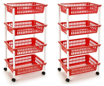 Forte Plastics 2x stuks rode opberg trolley/roltafel met 4 manden 40 x 50 x 85 cm - Etagewagentje/karretje met opbergkratten