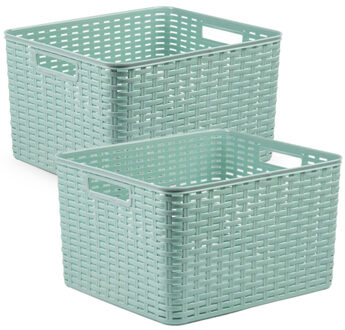 Forte Plastics 2x stuks rotan gevlochten opbergmand/opbergbox kunststof - mintgroen - 34 x 40 x 23 cm - Opbergbox