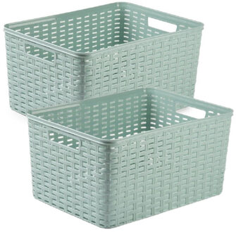 Forte Plastics 2x stuks rotan gevlochten opbergmand/opbergbox kunststof - mintgroen - 38 x 28 x 19 cm - Opbergbox