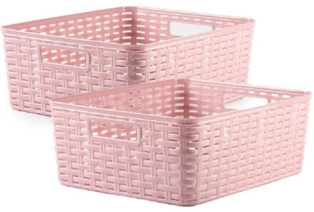 Forte Plastics 2x stuks rotan gevlochten opbergmand/opbergbox kunststof - Oud roze - 28 x 36 x 13.5 cm - Opbergbox