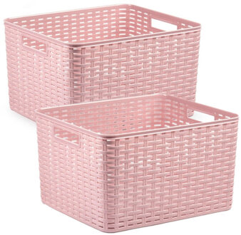 Forte Plastics 2x stuks rotan gevlochten opbergmand/opbergbox kunststof - Oud roze - 34 x 40 x 23 cm - Opbergbox