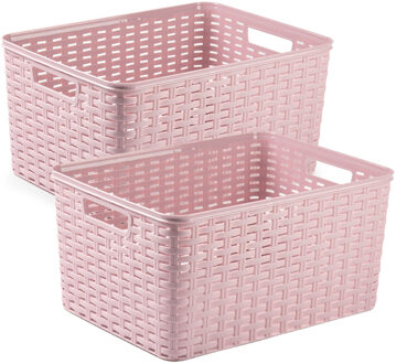 Forte Plastics 2x stuks rotan gevlochten opbergmand/opbergbox kunststof - Oud roze - 38 x 28 x 19 cm - Opbergbox