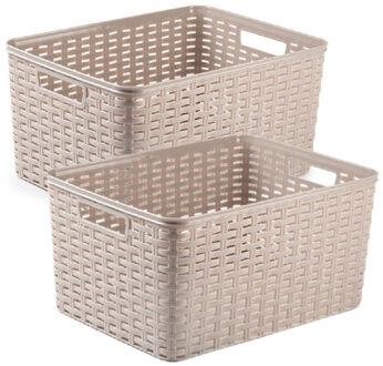 Forte Plastics 2x stuks rotan gevlochten opbergmand/opbergbox kunststof - taupe - 38 x 28 x 19 cm - Opbergbox