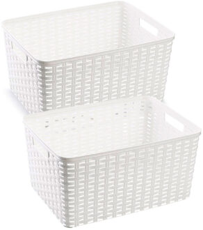 Forte Plastics 2x stuks rotan gevlochten opbergmand/opbergbox kunststof - Wit - 38 x 28 x 19 cm - Opbergbox