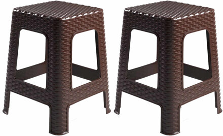 Forte Plastics 2x stuks rotan opstapje/krukje in het donkerbruin - 36 x 36 x 45 cm - Keuken/badkamer/slaapkamer handige krukjes/opstapjes