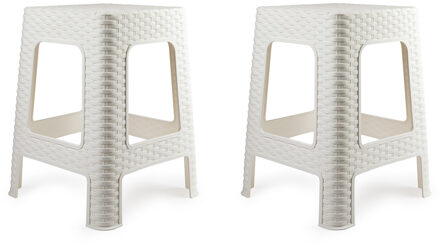 Forte Plastics 2x stuks rotan opstapje/krukje in het wit - 36 x 36 x 45 cm - Keuken/badkamer/slaapkamer handige krukjes/opstapjes