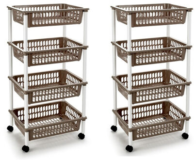 Forte Plastics 2x stuks taupe opberg trolley/roltafel met 4 manden 40 x 50 x 85 cm - Etagewagentje/karretje met opbergkratten