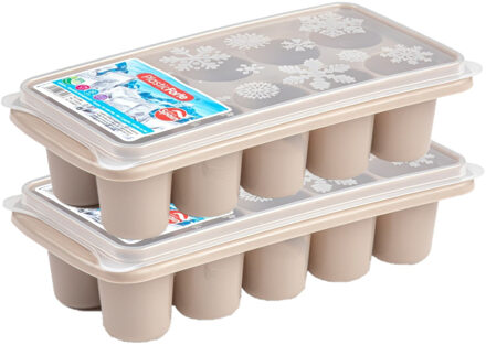 Forte Plastics 2x stuks Trays met dikke ronde blokken ijsblokjes/ijsklontjes vormpjes 10 vakjes kunststof taupe - IJsblokjesvormen