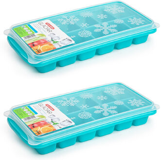 Forte Plastics 2x Stuks Trays Met Ijsblokjes/ijsklontjes Vormpjes 12 Vakjes Kunststof Blauw Met Deksel - Ijsblokjesvormen