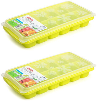 Forte Plastics 2x stuks Trays met ijsblokjes/ijsklontjes vormpjes 12 vakjes kunststof groen met deksel - IJsblokjesvormen