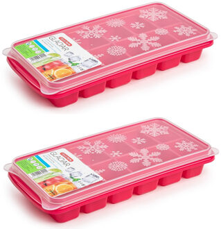 Forte Plastics 2x stuks Trays met ijsblokjes/ijsklontjes vormpjes 12 vakjes kunststof roze met deksel - IJsblokjesvormen