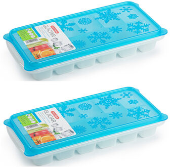 Forte Plastics 2x stuks Trays met ijsblokjes/ijsklontjes vormpjes 12 vakjes kunststof wit met blauwe deksel - IJsblokjesvormen Transparant