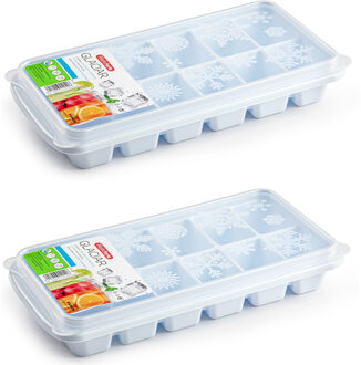 Forte Plastics 2x stuks Trays met ijsblokjes/ijsklontjes vormpjes 12 vakjes kunststof wit met deksel - IJsblokjesvormen