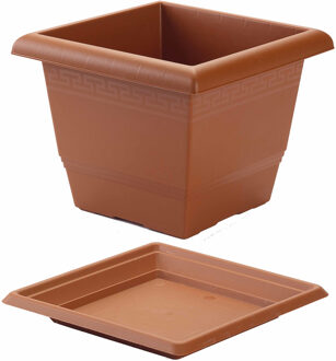 Forte Plastics 2x stuks vierkante plantenbakken terra cotta met opvangschaal 26 x 26 x 20 cm - Plantenbakken Rood