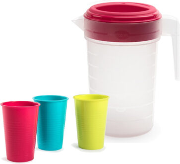 Forte Plastics 2x stuks water/limonade schenkkannen 2 liter met 12x kunststof glazen voordeelset - Schenkkannen Transparant