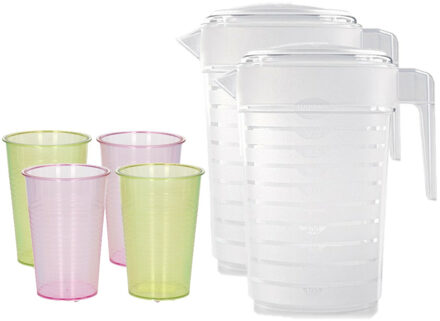 Forte Plastics 2x stuks water/limonade schenkkannen 2 liter met 12x kunststof glazen voordeelset - Schenkkannen Transparant