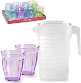 Forte Plastics 2x stuks Water/limonade schenkkannen 2 liter met 12x kunststof glazen voordeelset