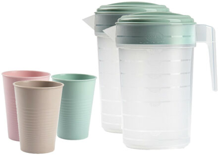Forte Plastics 2x stuks water/limonade schenkkannen 2 liter met 12x kunststof glazen voordeelset
