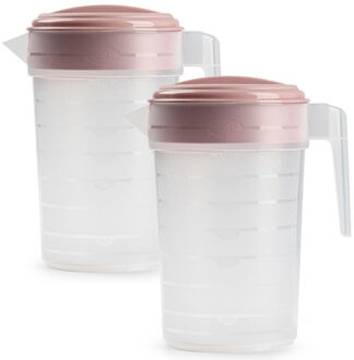 Forte Plastics 2x stuks waterkan/sapkan transparant/roze met deksel 2 liter kunststof - Schenkkannen