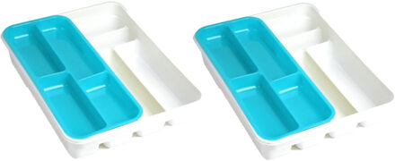 Forte Plastics 2x stuks witte bestekbak inzetbakken met blauw oplegbakje kunststof L40 x B30 cm - Bestekbakken Multikleur