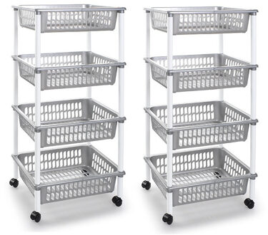 Forte Plastics 2x stuks zilverkleurige opberg trolleys/roltafels met 4 manden 85 cm - Opberg trolley