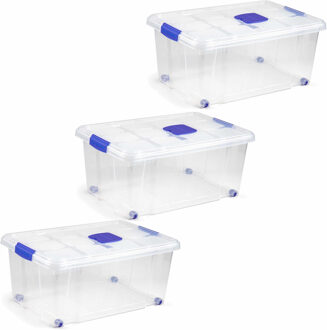 Forte Plastics 3x Opslagbakken/organizers met deksel 36 liter 59 cm transparant - Opbergbakken - Organizers/opbergbakken - Woonkamer/badkamer spullen opruimen