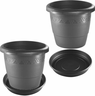 Forte Plastics 3x stuks bloempotten met onder opvangschaal in kleur antraciet grijs - rond diameter 35 cm - Plantenpotten/bakken