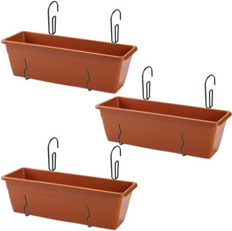 Forte Plastics 3x stuks hangende reling Plantenbak terracotta 50 x 17 x 15 cm met kunststof beugels - Plantenbakken Bruin