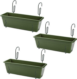 Forte Plastics 3x stuks hangende reling plantenbakken groen rechthoekig 50 x 17 x 15 cm met kunststof beugels