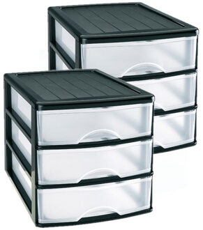 Forte Plastics 3x stuks ladeblok/bureau organizer met 3 lades zwart/transparant - L35,5 x B27 x H26 - Opruimen/opbergen laatjes