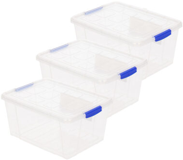 Forte Plastics 3x stuks opslagboxen/bakken/organizers met deksel 16 liter 40 x 30 x 21 cm transparant plastic - Opbergbox