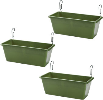 Forte Plastics 3x stuks reling Plantenbakken donkergroen rechthoekig 40 x 18 x 15 cm met kunststof beugels - Plantenbakken