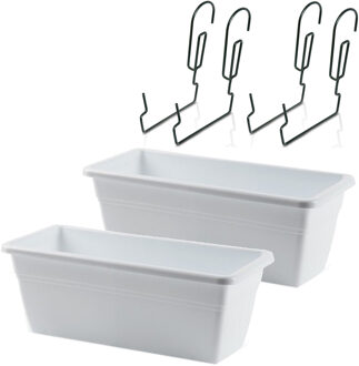 Forte Plastics 3x stuks reling Plantenbakken wit rechthoekig 40 x 18 x 15 cm met kunststof beugels - Plantenbakken