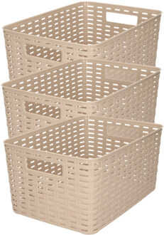 Forte Plastics 3x stuks rotan gevlochten opbergmand/opbergbox kunststof - Taupe - 22 x 33 x 16 cm - Opbergbox