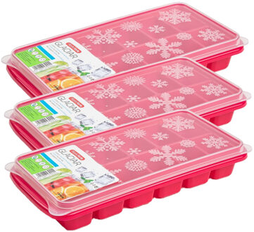 Forte Plastics 3x stuks Trays met ijsblokjes/ijsklontjes vormpjes 12 vakjes kunststof roze met deksel - IJsblokjesvormen